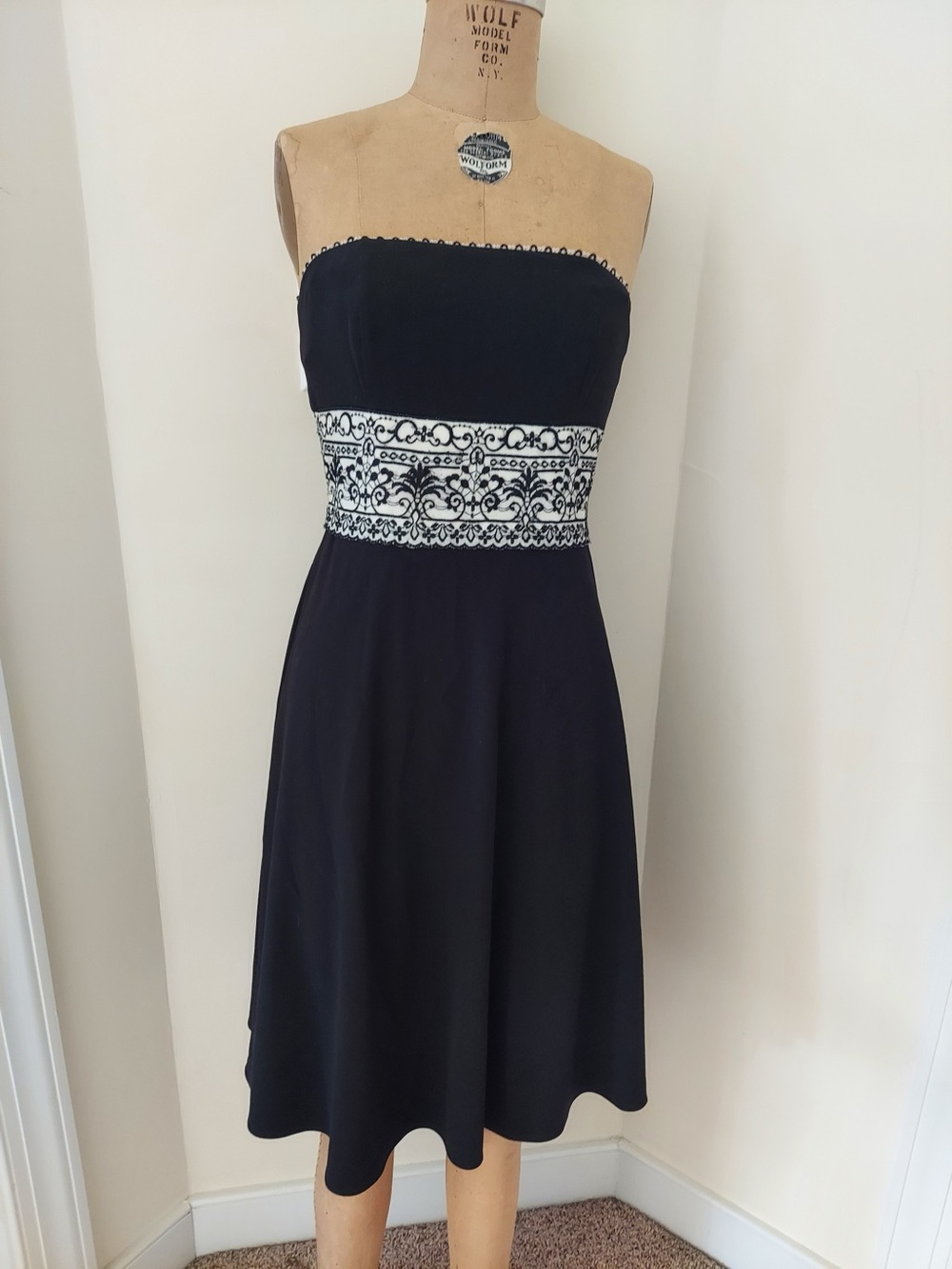 White House Black Market Strapless Black Dress with White Embroidered Waist
